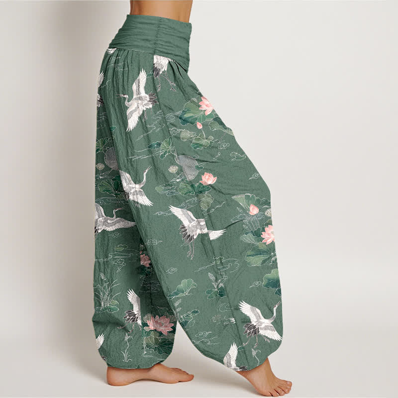 Buddha Stones Pantalones harem de algodón elegantes con estampado de grulla y loto para mujer con cintura elástica. - image 1