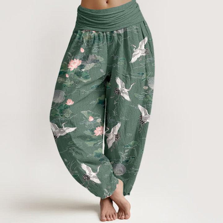 Buddha Stones Pantalones harem de algodón elegantes con estampado de grulla y loto para mujer con cintura elástica. - Verde mar medio - US16，UK/AU20，EU48 (3XL) - image 0