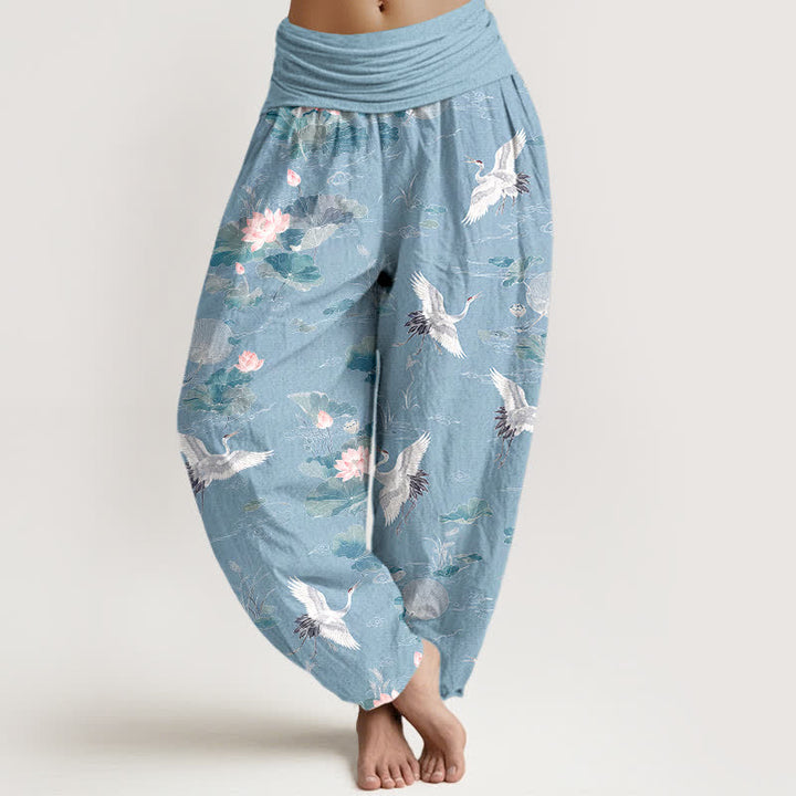 Buddha Stones Pantalones harem de algodón elegantes con estampado de grulla y loto para mujer con cintura elástica. - Azul cielo claro - US16，UK/AU20，EU48 (3XL) - image 5