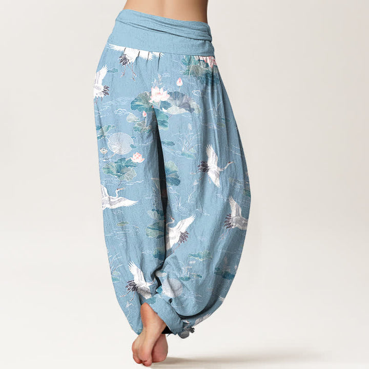 Buddha Stones Pantalones harem de algodón elegantes con estampado de grulla y loto para mujer con cintura elástica. - image 7