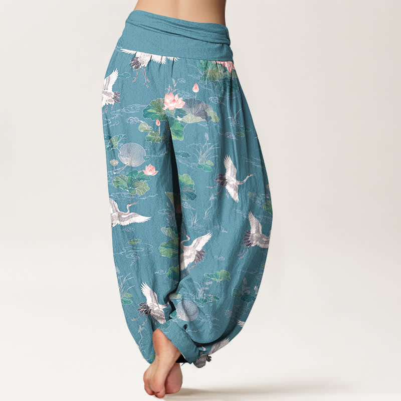 Buddha Stones Pantalones harem de algodón elegantes con estampado de grulla y loto para mujer con cintura elástica. - image 10