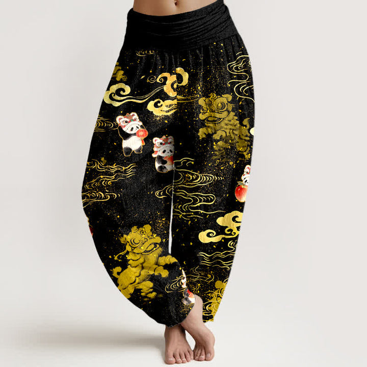 Buddha Stones Pantalones harem de algodón con estampado de nubes y bestias auspiciosas para mujer con cintura elástica. - Negro - US16，UK/AU20，EU48 (3XL) - image 0