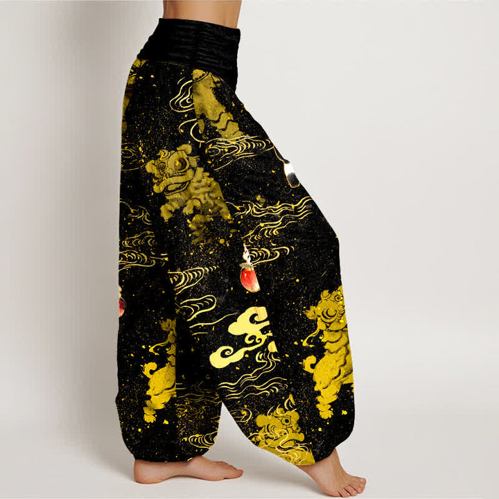 Buddha Stones Pantalones harem de algodón con estampado de nubes y bestias auspiciosas para mujer con cintura elástica. - image 2
