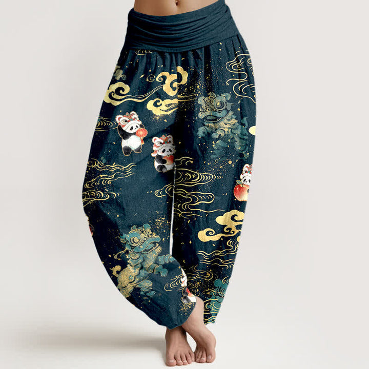 Buddha Stones Pantalones harem de algodón con estampado de nubes y bestias auspiciosas para mujer con cintura elástica. - Azul medianoche - US16，UK/AU20，EU48 (3XL) - image 5