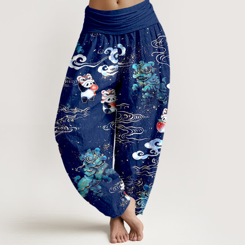 Buddha Stones Pantalones harem de algodón con estampado de nubes y bestias auspiciosas para mujer con cintura elástica. - Marina de guerra - US16，UK/AU20，EU48 (3XL) - image 8