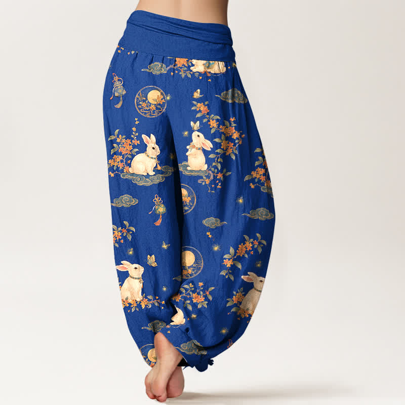 Buddha Stones Pantalones harem de mujer con cintura elástica y estampado floral de conejos y luna de algodón. - image 2