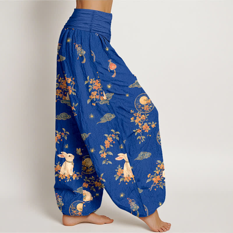Buddha Stones Pantalones harem de mujer con cintura elástica y estampado floral de conejos y luna de algodón. - image 1