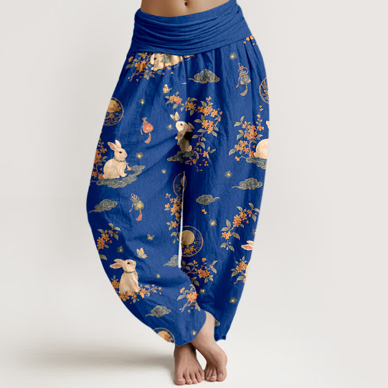 Buddha Stones Pantalones harem de mujer con cintura elástica y estampado floral de conejos y luna de algodón. - Amarillo claro - US16，UK/AU20，EU48 (3XL) - image 0
