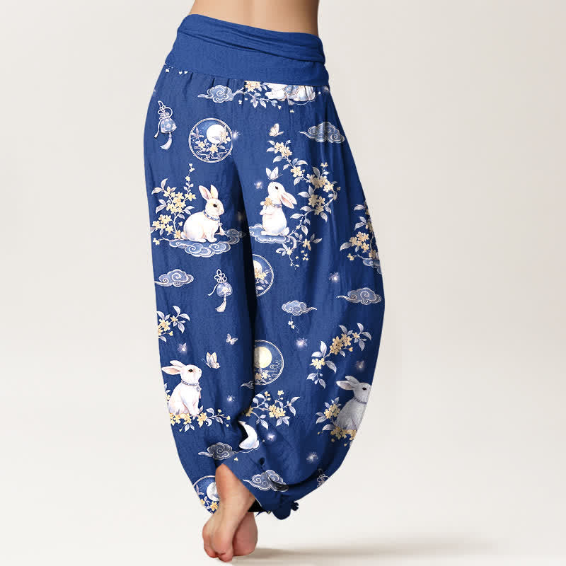 Buddha Stones Pantalones harem de mujer con cintura elástica y estampado floral de conejos y luna de algodón. - image 7