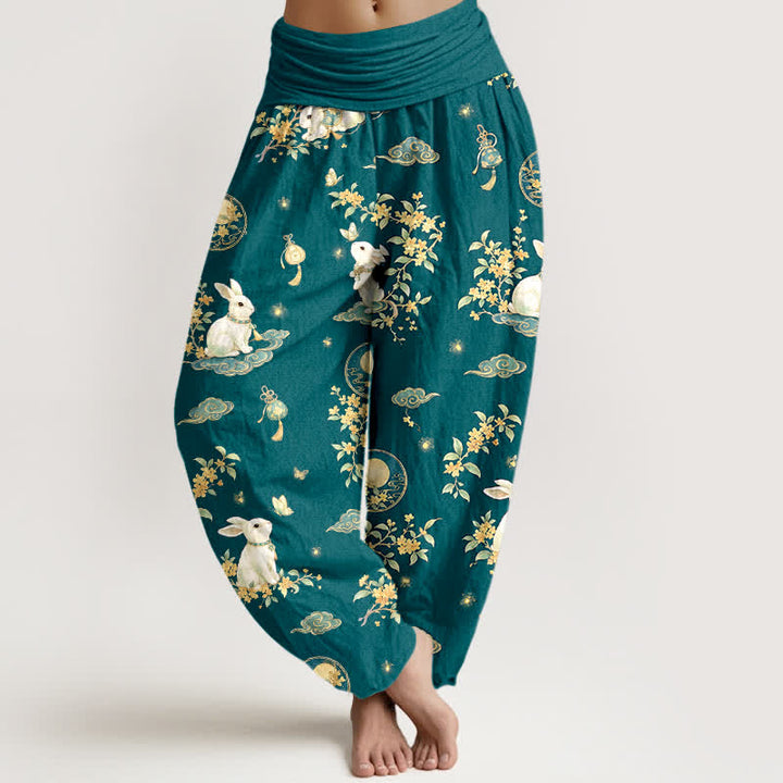 Buddha Stones Pantalones harem de mujer con cintura elástica y estampado floral de conejos y luna de algodón. - Verde azulado - US16，UK/AU20，EU48 (3XL) - image 8