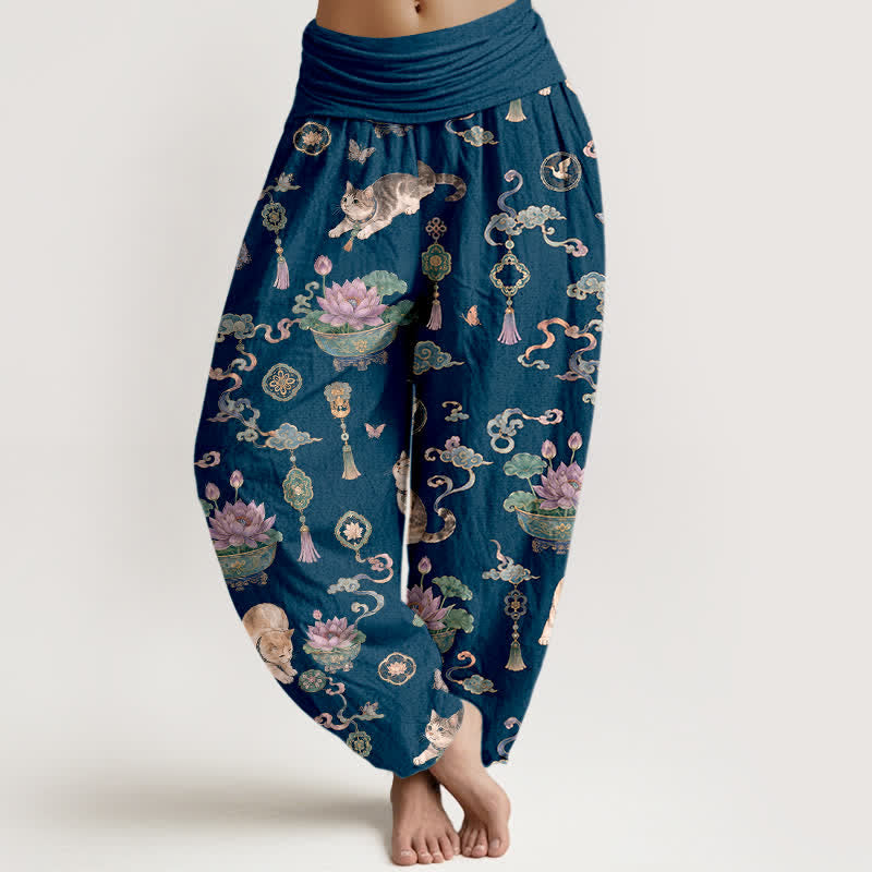 Buddha Stones Pantalones harem de mujer con cintura elástica y estampado de loto y gato de algodón. - Marina de guerra - US16，UK/AU20，EU48 (3XL) - image 0