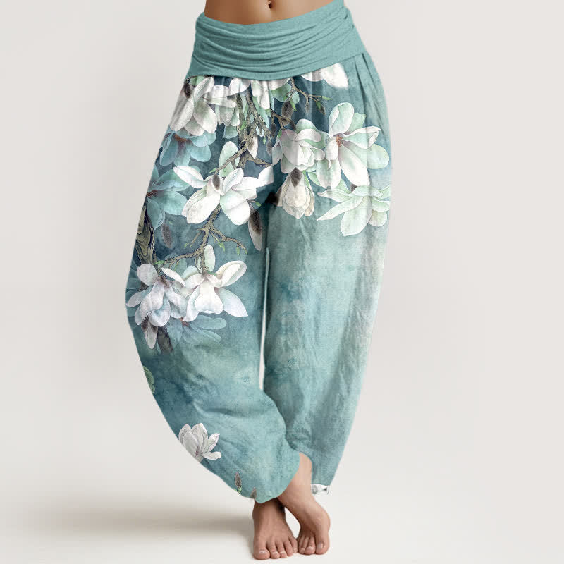 Buddha Stones Pantalones harem de mujer con cintura elástica y estampado de magnolias blancas de algodón. - Turquesa - US16，UK/AU20，EU48 (3XL) - image 0
