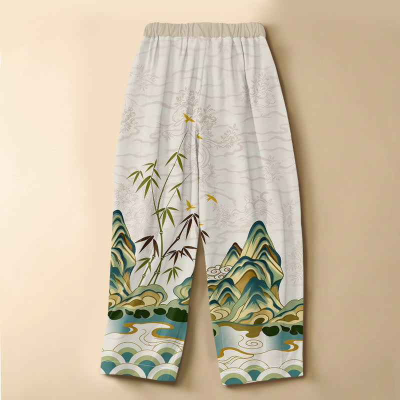 Buddha Stones Pantalones harem de algodón puro con estampado vintage de bambú y montaña, botones de rana, cintura elástica y bolsillos para mujer. - image 1