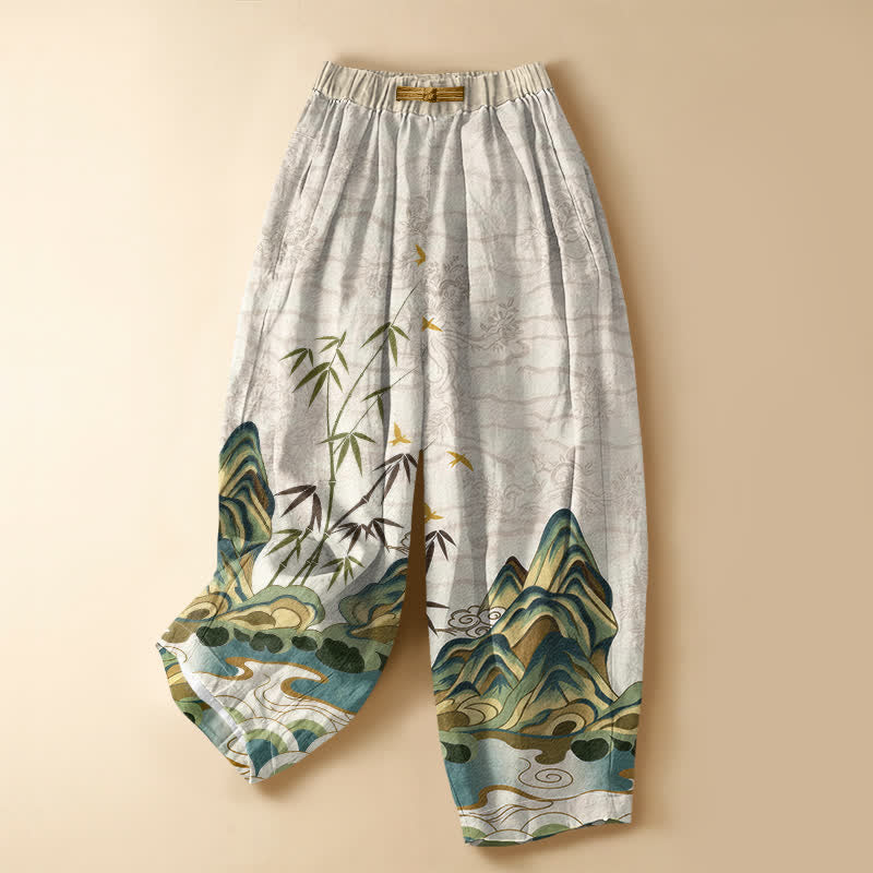 Buddha Stones Pantalones harem de algodón puro con estampado vintage de bambú y montaña, botones de rana, cintura elástica y bolsillos para mujer. - Beige - US16，UK/AU20，EU48 (3XL) - image 0