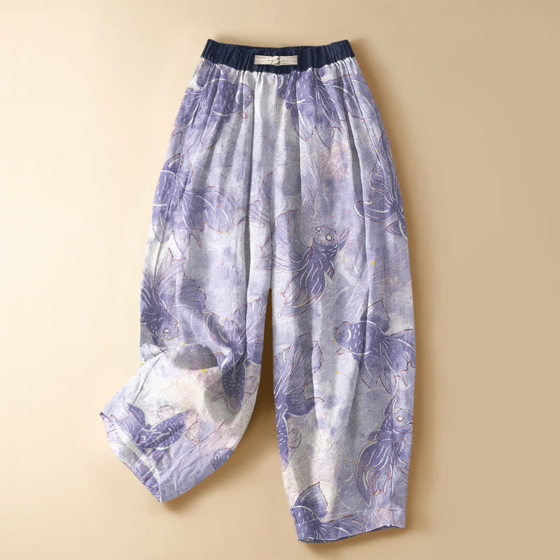 Buddha Stones Pantalones harem de algodón puro con estampado de peces dorados en acuarela, botones de rana y cintura elástica para mujer con bolsillos. - Lavanda - US16，UK/AU20，EU48 (3XL) - image 0