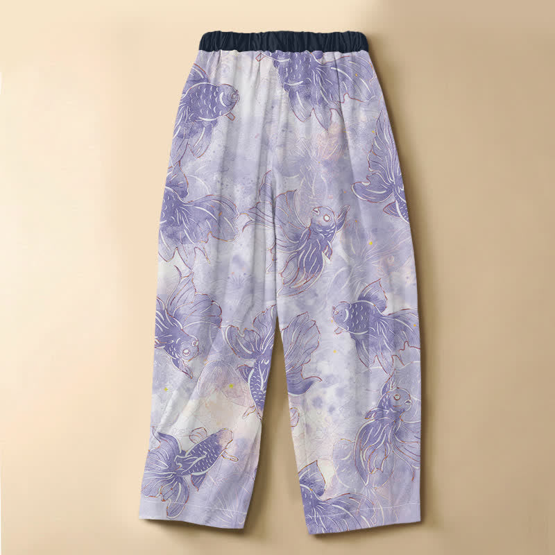 Buddha Stones Pantalones harem de algodón puro con estampado de peces dorados en acuarela, botones de rana y cintura elástica para mujer con bolsillos. - image 1