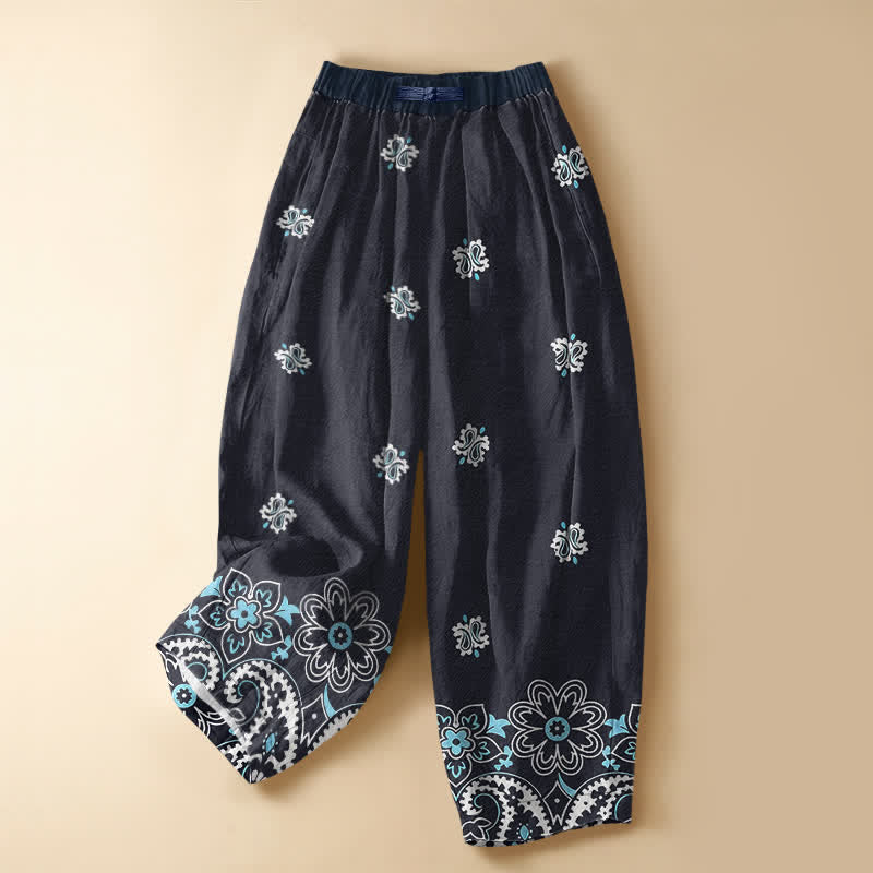 Buddha Stones Pantalones harem de mujer con cintura elástica y bolsillos, de algodón puro, con estampado floral paisley bohemio y botones de rana. - Azul medianoche - US16，UK/AU20，EU48 (3XL) - image 0