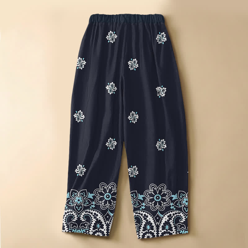 Buddha Stones Pantalones harem de mujer con cintura elástica y bolsillos, de algodón puro, con estampado floral paisley bohemio y botones de rana. - image 1