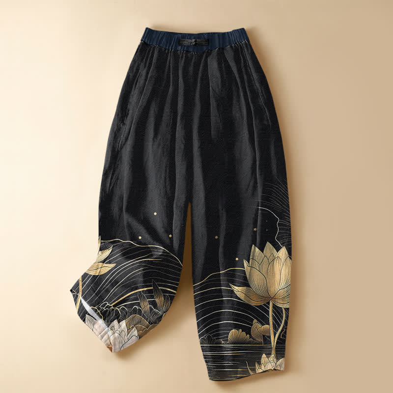 Buddha Stones Pantalones harem de algodón puro con estampado de ondas de loto dorado, botones de rana y cintura elástica para mujer con bolsillos. - Negro - US16，UK/AU20，EU48 (3XL) - image 0