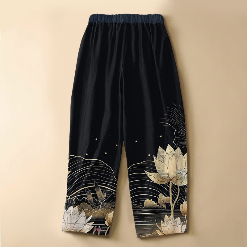Buddha Stones Pantalones harem de algodón puro con estampado de ondas de loto dorado, botones de rana y cintura elástica para mujer con bolsillos. - image 1
