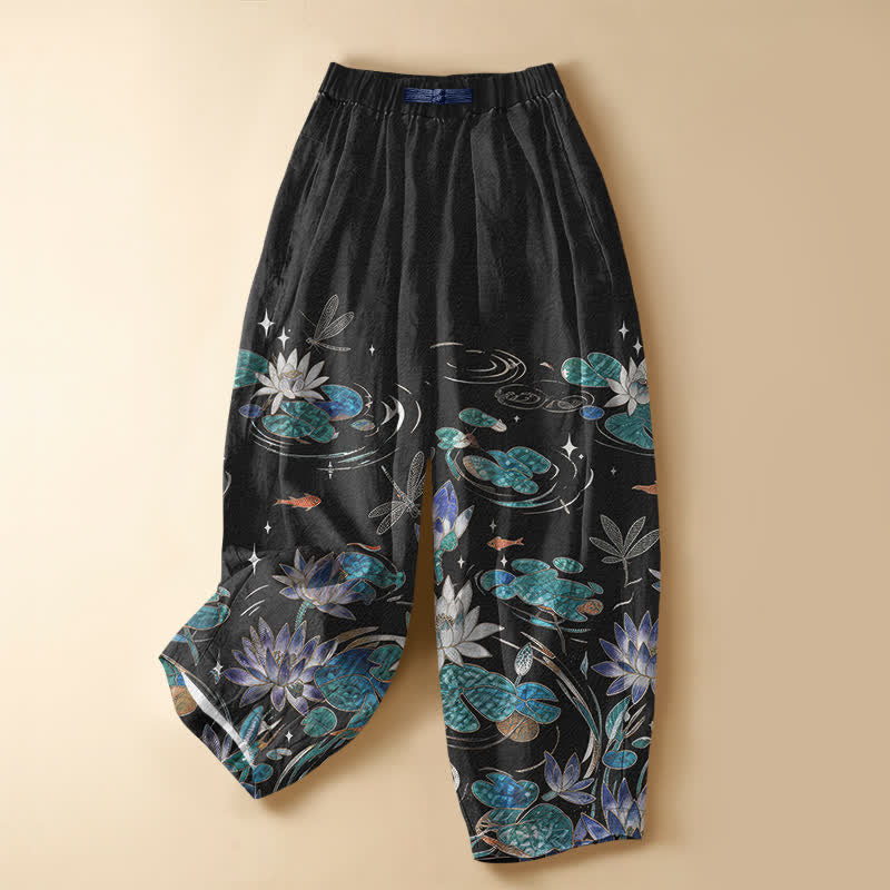 Buddha Stones Pantalones harem de algodón puro con estampado de loto, carpa koi y libélula, botones de rana y cintura elástica para mujer con bolsillos. - Negro - US16，UK/AU20，EU48 (3XL) - image 0