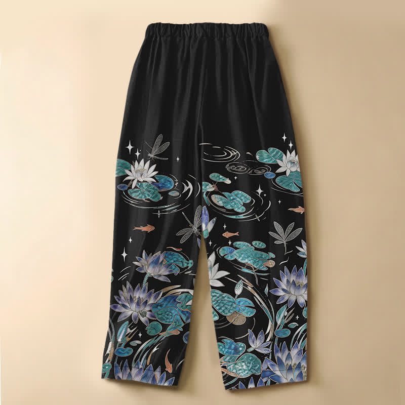Buddha Stones Pantalones harem de algodón puro con estampado de loto, carpa koi y libélula, botones de rana y cintura elástica para mujer con bolsillos. - image 1