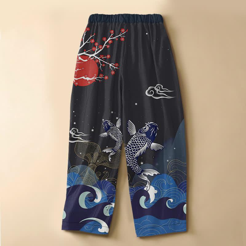 Buddha Stones Pantalones harem de algodón puro con estampado oriental de carpas koi, sol y olas, botones de rana y cintura elástica para mujer con bolsillos. - image 1