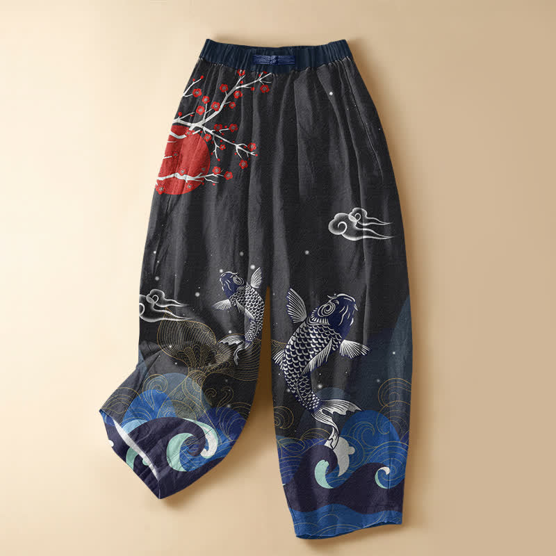 Buddha Stones Pantalones harem de algodón puro con estampado oriental de carpas koi, sol y olas, botones de rana y cintura elástica para mujer con bolsillos. - Negro - US16，UK/AU20，EU48 (3XL) - image 0