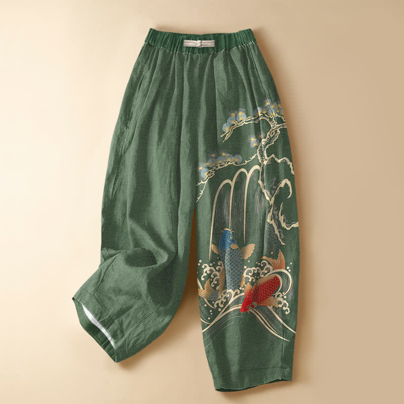 Buddha Stones Pantalones harem de algodón puro con estampado de pino, carpa koi y cascada, botones de rana y cintura elástica para mujer, con bolsillos. - Verdemar - US16，UK/AU20，EU48 (3XL) - image 0