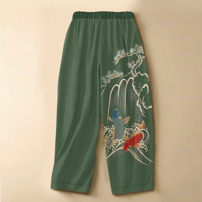 Buddha Stones Pantalones harem de algodón puro con estampado de pino, carpa koi y cascada, botones de rana y cintura elástica para mujer, con bolsillos. - image 1