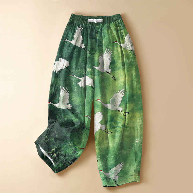 Buddha Stones Pantalones harem de algodón puro con estampado de grullas blancas voladoras, botones de rana y cintura elástica para mujer con bolsillos. - Verde bosque - US16，UK/AU20，EU48 (3XL) - image 0