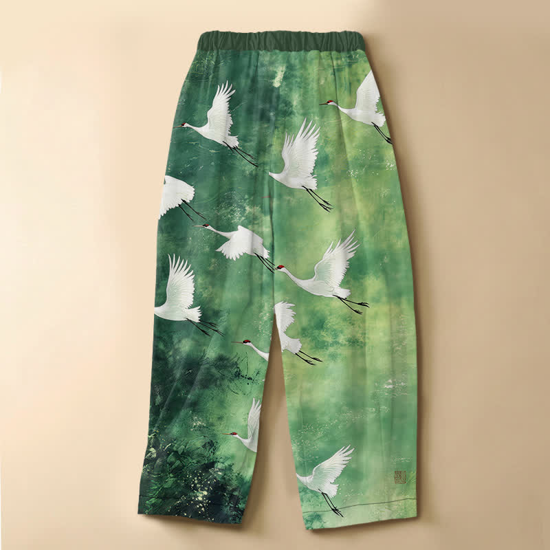 Buddha Stones Pantalones harem de algodón puro con estampado de grullas blancas voladoras, botones de rana y cintura elástica para mujer con bolsillos. - image 1