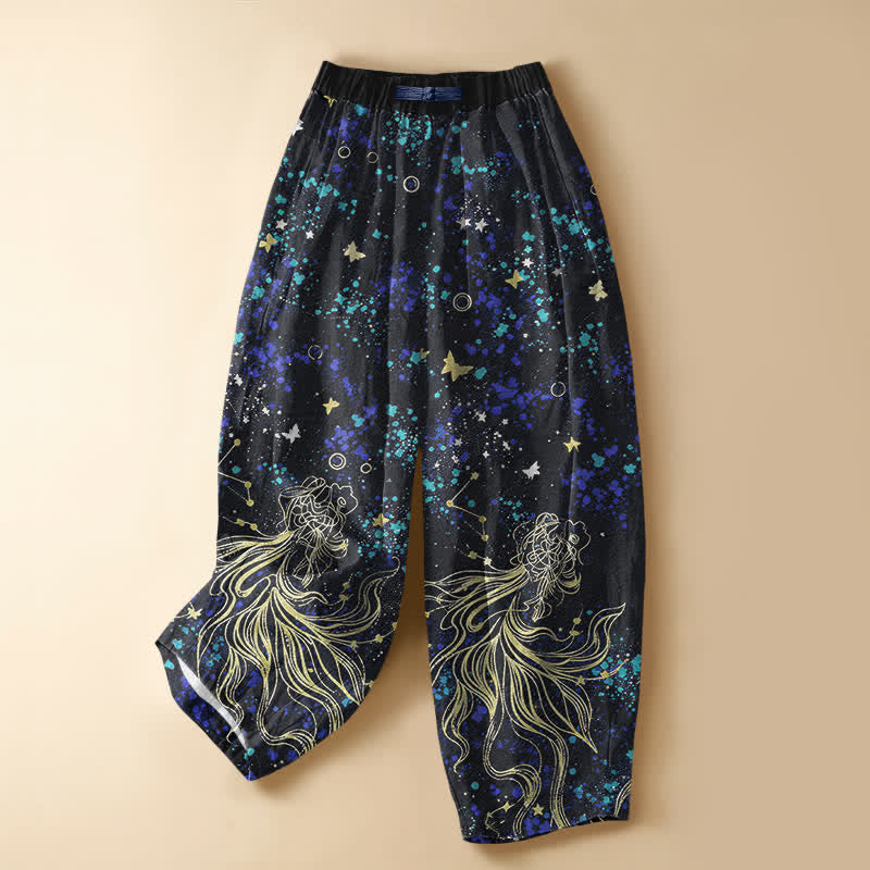 Buddha Stones Pantalones harem de algodón puro con estampado de mariposas, peces koi y botones de rana para mujer, con cintura elástica y bolsillos. - Negro - US16，UK/AU20，EU48 (3XL) - image 0