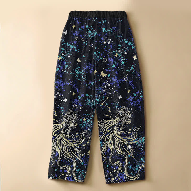 Buddha Stones Pantalones harem de algodón puro con estampado de mariposas, peces koi y botones de rana para mujer, con cintura elástica y bolsillos. - image 1