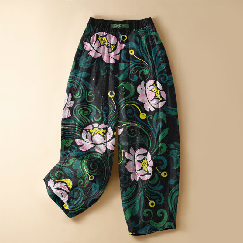 Buddha Stones Pantalones harem de algodón puro con estampado vintage de enredadera de loto, botones de rana y cintura elástica para mujer con bolsillos. - Azul acero - US16，UK/AU20，EU48 (3XL) - image 0