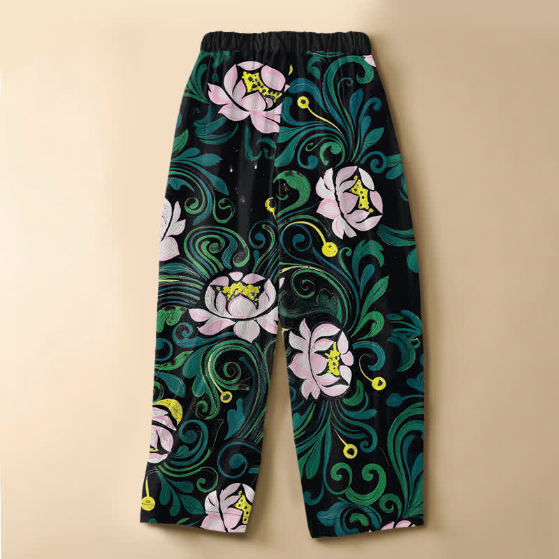 Buddha Stones Pantalones harem de algodón puro con estampado vintage de enredadera de loto, botones de rana y cintura elástica para mujer con bolsillos. - image 1