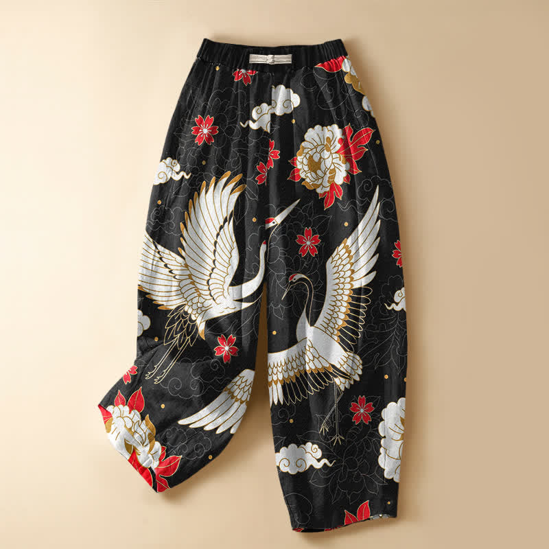 Buddha Stones Pantalones harem de algodón puro con estampado floral vintage de grullas, botones de rana y cintura elástica para mujer con bolsillos. - Negro - US16，UK/AU20，EU48 (3XL) - image 0
