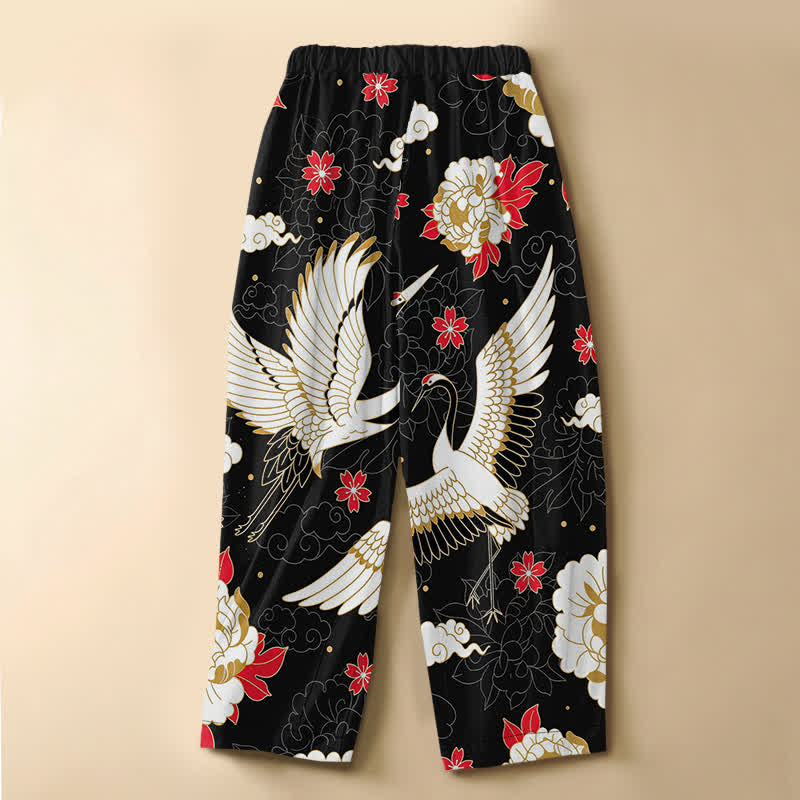 Buddha Stones Pantalones harem de algodón puro con estampado floral vintage de grullas, botones de rana y cintura elástica para mujer con bolsillos. - image 1