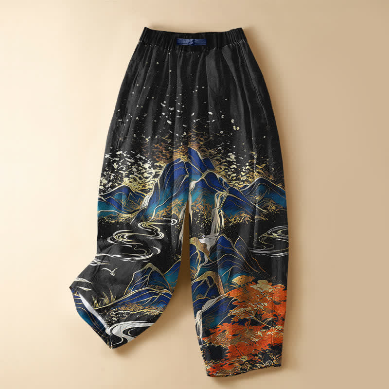 Buddha Stones Pantalones harem de mujer con cintura elástica, bolsillos y estampado de paisaje montañoso oriental, de algodón puro. - Negro - US16，UK/AU20，EU48 (3XL) - image 0
