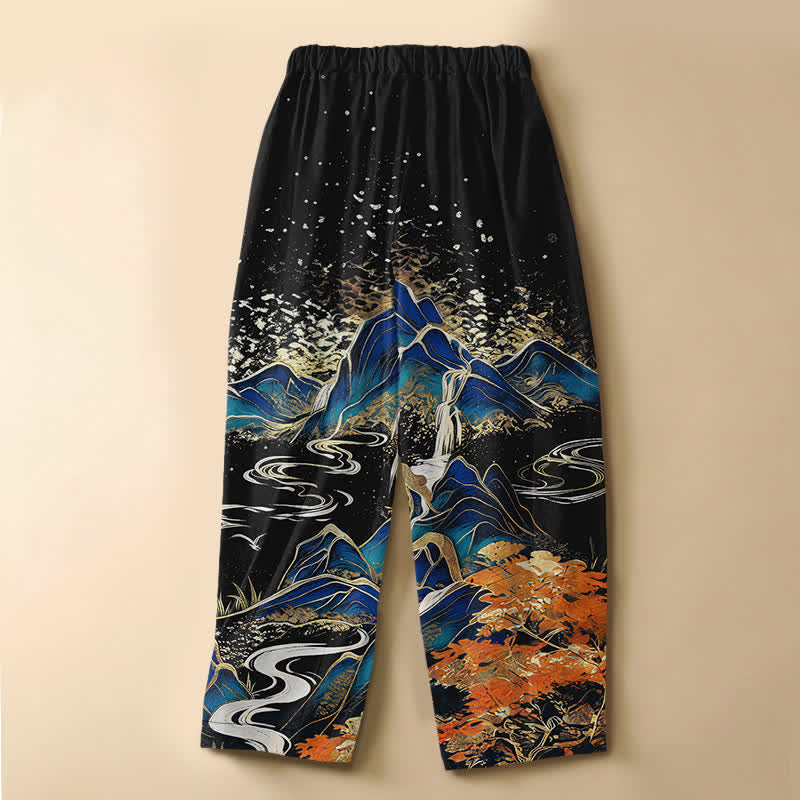 Buddha Stones Pantalones harem de mujer con cintura elástica, bolsillos y estampado de paisaje montañoso oriental, de algodón puro. - image 1