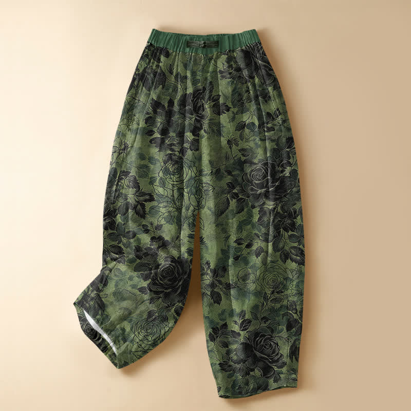 Buddha Stones Pantalones harem de algodón puro con estampado floral vintage de rosas, botones de rana, cintura elástica y bolsillos para mujer. - Verde bosque - US16，UK/AU20，EU48 (3XL) - image 0