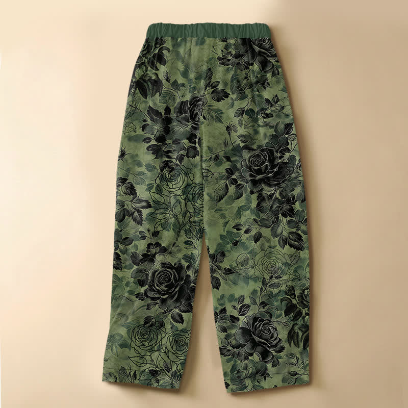 Buddha Stones Pantalones harem de algodón puro con estampado floral vintage de rosas, botones de rana, cintura elástica y bolsillos para mujer. - image 1