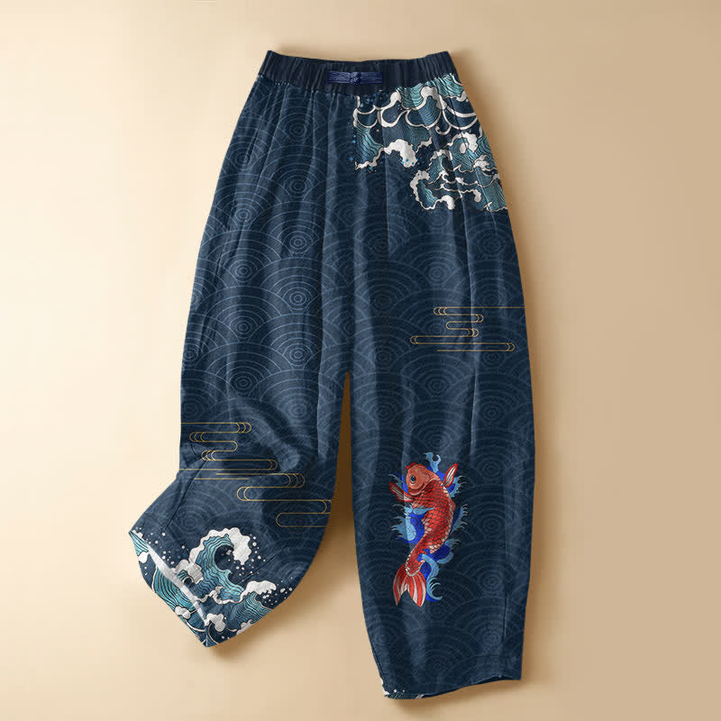 Buddha Stones Pantalones harem de algodón puro con estampado de olas de carpas koi japonesas, botones de rana y cintura elástica para mujer con bolsillos. - Marina de guerra - US16，UK/AU20，EU48 (3XL) - image 0