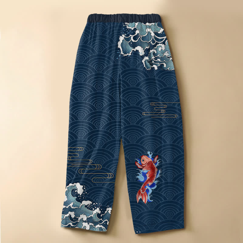 Buddha Stones Pantalones harem de algodón puro con estampado de olas de carpas koi japonesas, botones de rana y cintura elástica para mujer con bolsillos. - image 1