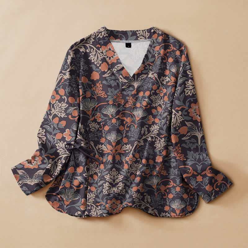 Buddha Stones Camisa de manga larga para mujer estilo Hanfu con cuello en V y cordones, de algodón vintage con estampado floral y enredaderas. - Gris oscuro - US16，UK/AU20，EU48 (3XL) - image 0