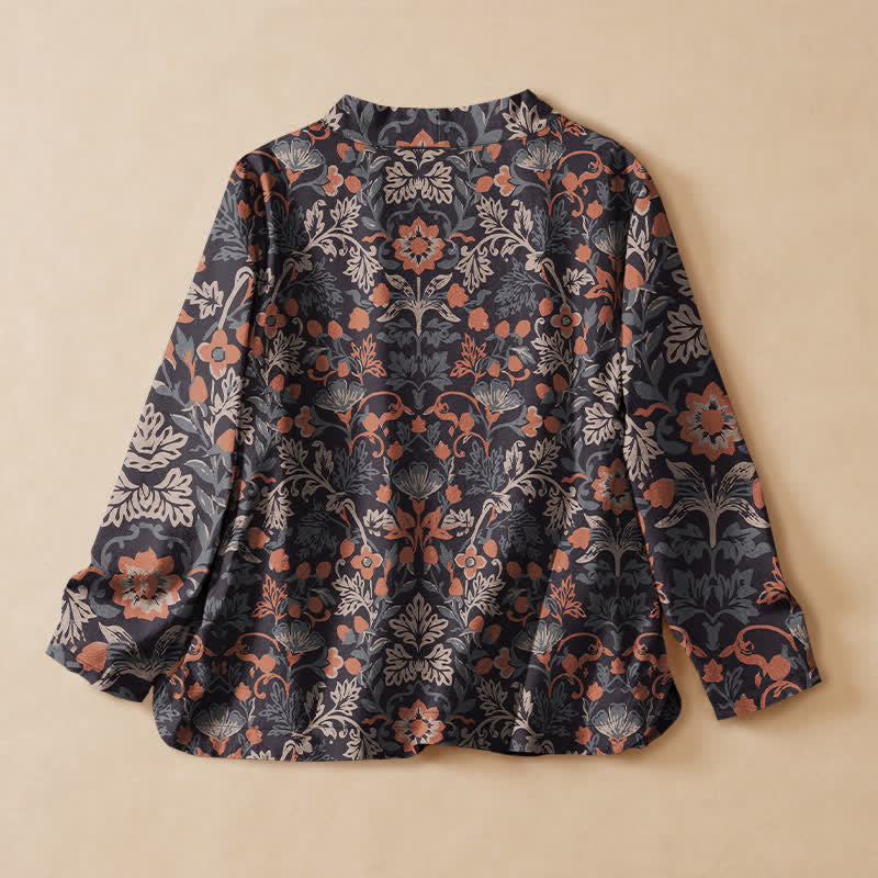 Buddha Stones Camisa de manga larga para mujer estilo Hanfu con cuello en V y cordones, de algodón vintage con estampado floral y enredaderas. - image 1