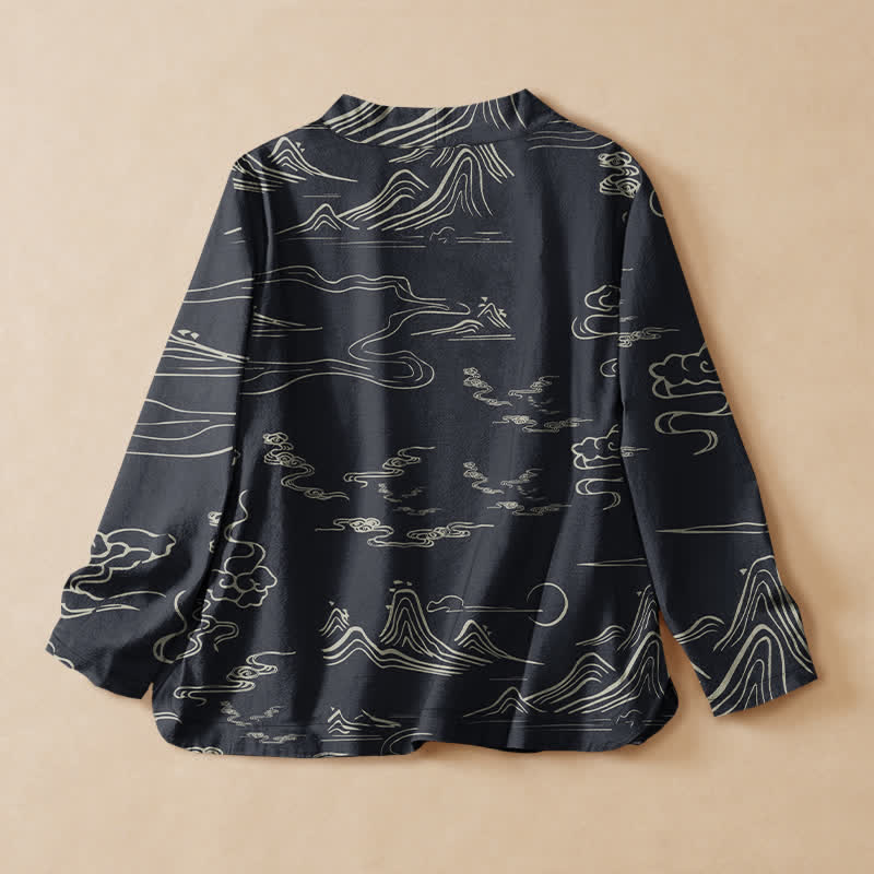Buddha Stones Camisas de manga larga para mujer estilo Hanfu con cuello en V y cordones, con estampado de nubes y luna de Cotton Mountain. - image 1