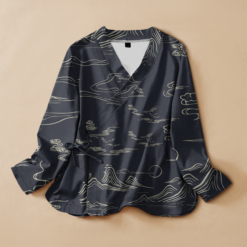 Buddha Stones Camisas de manga larga para mujer estilo Hanfu con cuello en V y cordones, con estampado de nubes y luna de Cotton Mountain. - Gris pizarra oscuro - US16，UK/AU20，EU48 (3XL) - image 0