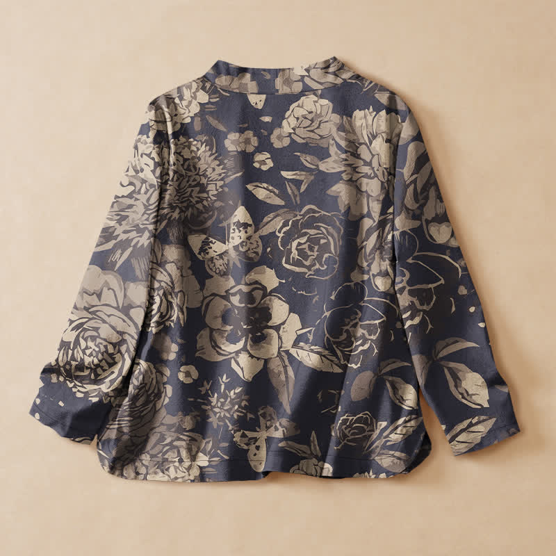 Buddha Stones Camisas de manga larga para mujer de algodón con estampado floral vintage, estilo Hanfu, con cuello en V y cordones. - image 1