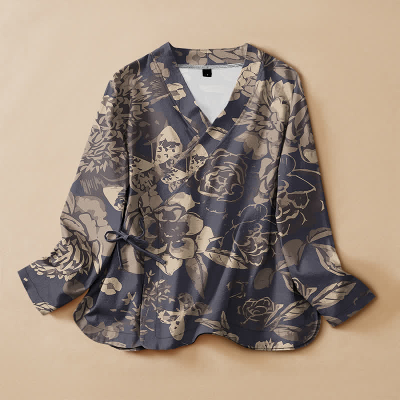 Buddha Stones Camisas de manga larga para mujer de algodón con estampado floral vintage, estilo Hanfu, con cuello en V y cordones. - Azul pizarra oscuro - US16，UK/AU20，EU48 (3XL) - image 0